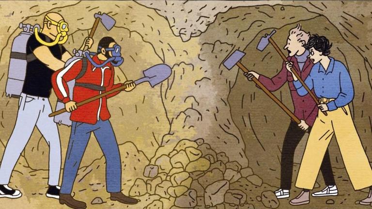 Ausschnitt aus dem Comic "Tunnel - eine israelische Satire": Mehrere Menschen graben einen unterirdischen Tunnel. Ausschnitt aus dem Comic "Tunnel - eine israelische Satire": Mehrere Menschen graben einen unterirdischen Tunnel.
