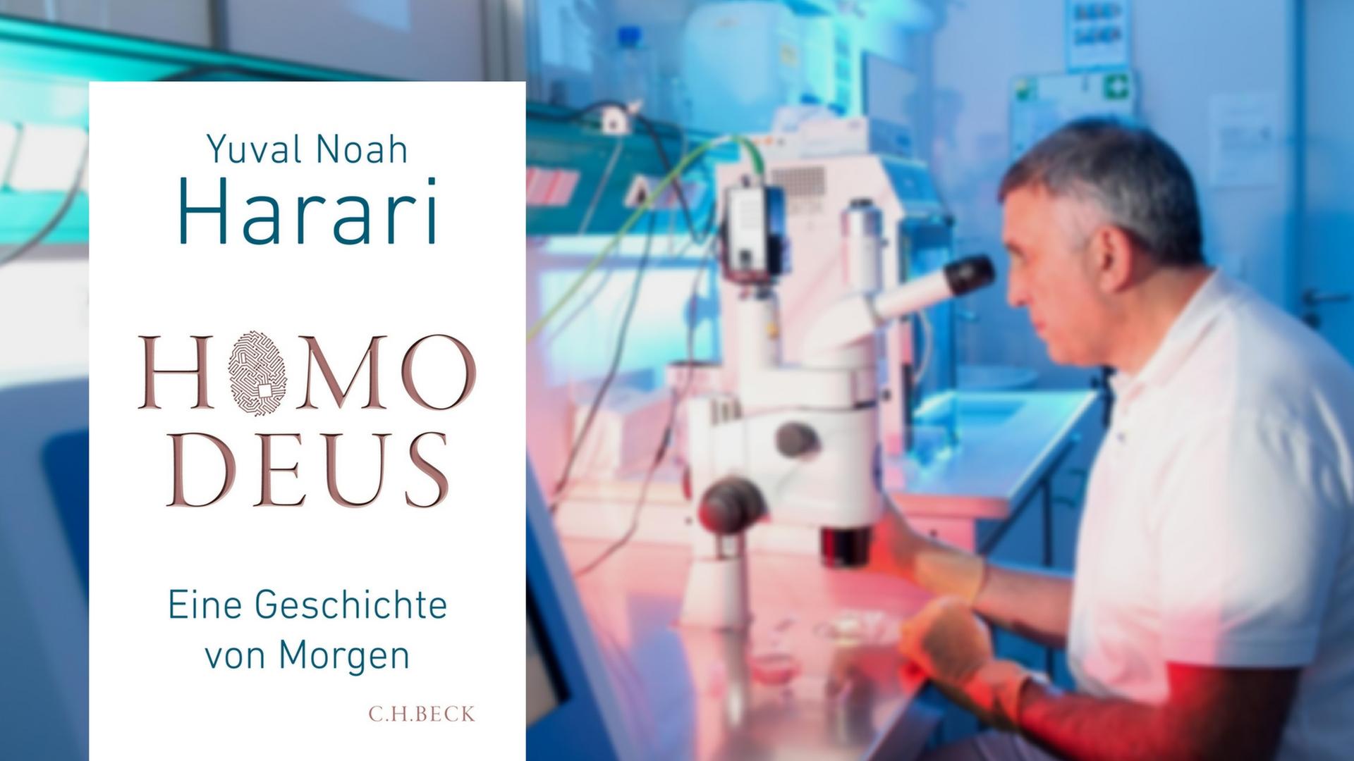 Buchcover "Homo Deus" von Yuval Noah Harari. Im Hintergrund das Eizelllabor in einem Universitätsklinikum.