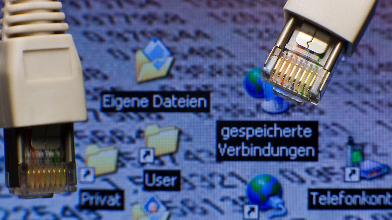Netzwerkstecker sind vor einem Computer-Bildschirm mit Symbolen für "gespeicherte Verbindungen" zu sehen Netzwerkstecker sind vor einem Computer-Bildschirm mit Symbolen für "gespeicherte Verbindungen" zu sehen