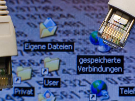 Netzwerkstecker sind vor einem Computer-Bildschirm mit Symbolen für "gespeicherte Verbindungen" zu sehen