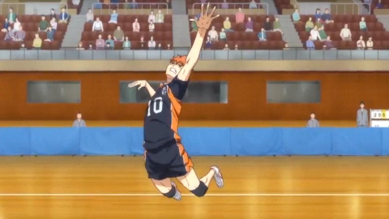 Szene aus der Trickserie "Haikyu": Soe zeigt einen Jungen beim Sprung auf einem Volleyball-Spielfeld. Szene aus der Trickserie "Haikyu": Soe zeigt einen Jungen beim Sprung auf einem Volleyball-Spielfeld.
