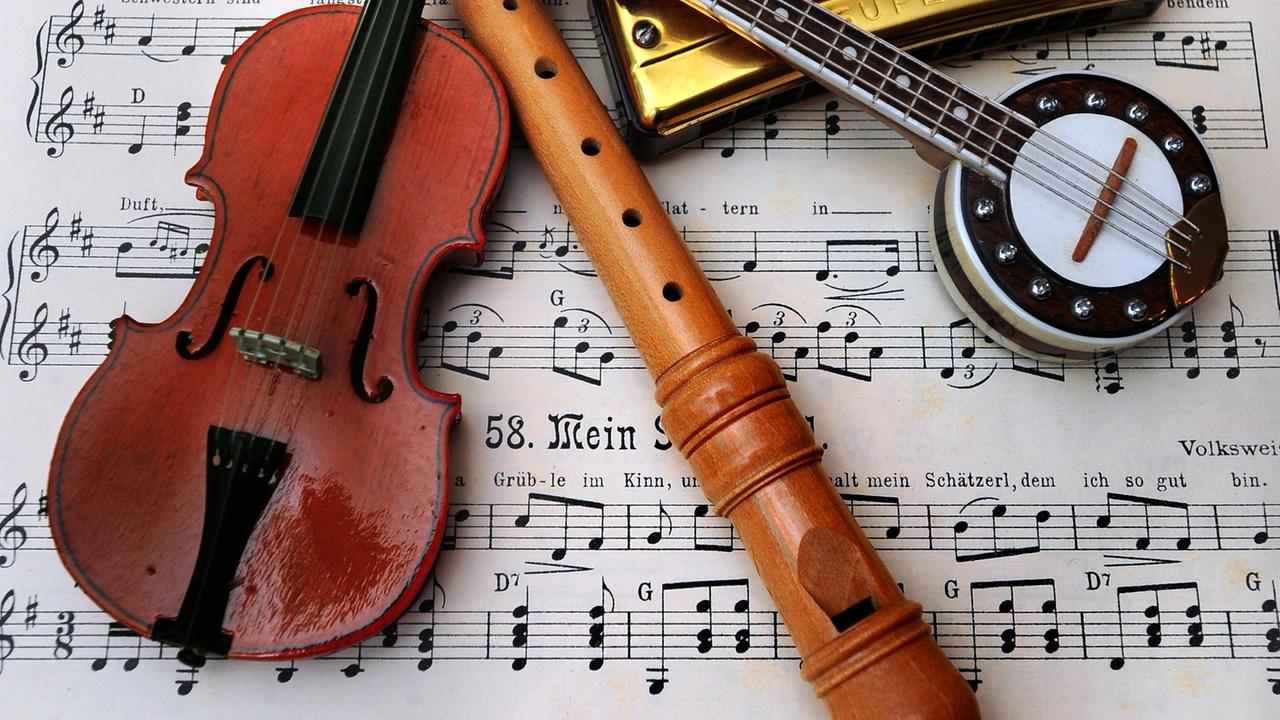 Eine Geige, eine Flöte, eine Mundharmonika und ein Banjo liegen auf einem Notenblatt.  
