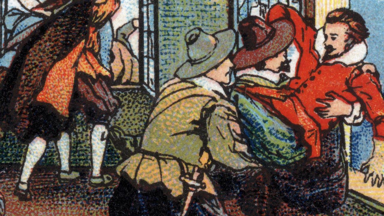 Prager Fenstersturz in einer Farblithografie aus dem Jahr 1936 Prager Fenstersturz in einer Farblithografie aus dem Jahr 1936