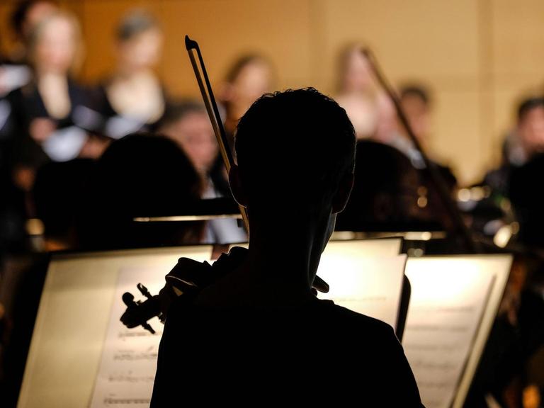 Orchester, ein Musiker als schwarze Silhouette von hinten.
