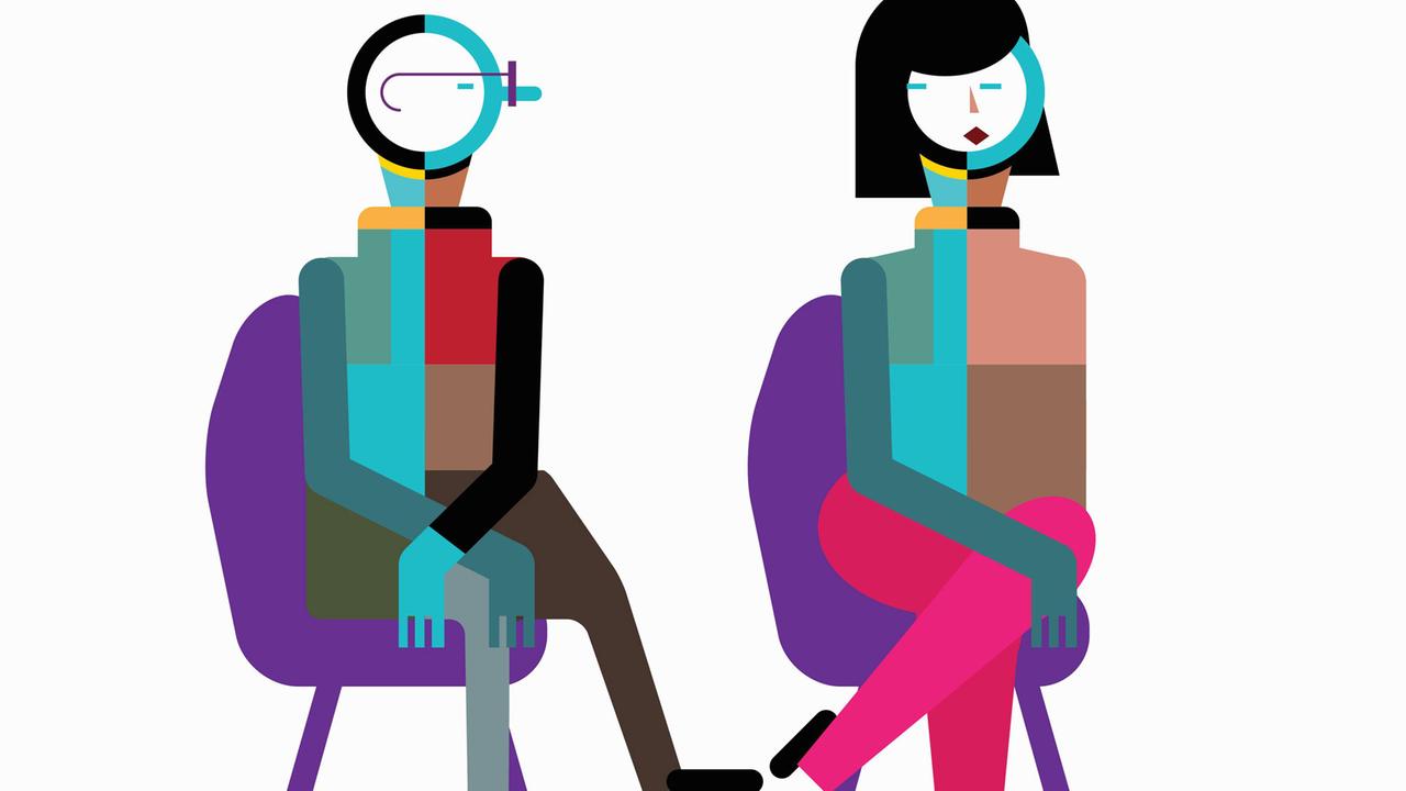 Stilisierte Figuren eines Mannes und einer Frau sitzen nebeneinander