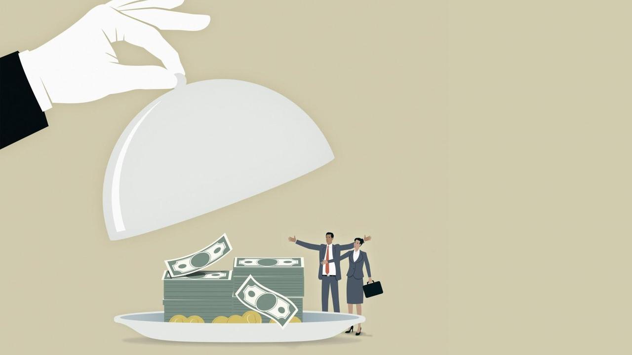 Eine Hand nimmt den Deckel von einem Teller auf dem Geld liegt. Davor stehen zwei Personen. (Illustration) Eine Hand nimmt den Deckel von einem Teller auf dem Geld liegt. Davor stehen zwei Personen. (Illustration)