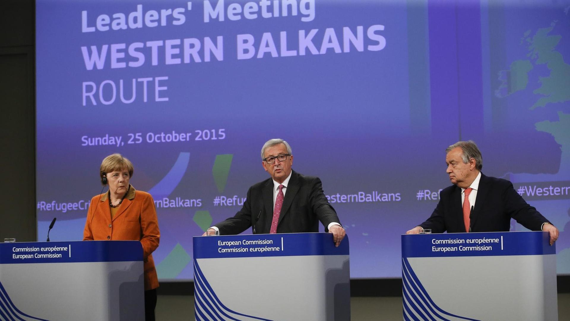 Bundeskanzlerin Angela Merkel, EU-Kommissionspräsident Jean-Claude Juncker und UNO-Flüchtlingskommissar Antonio Guterres geben in Brüssel eine Pressekonferenz Bundeskanzlerin Angela Merkel, EU-Kommissionspräsident Jean-Claude Juncker und UNO-Flüchtlingskommissar Antonio Guterres geben in Brüssel eine Pressekonferenz