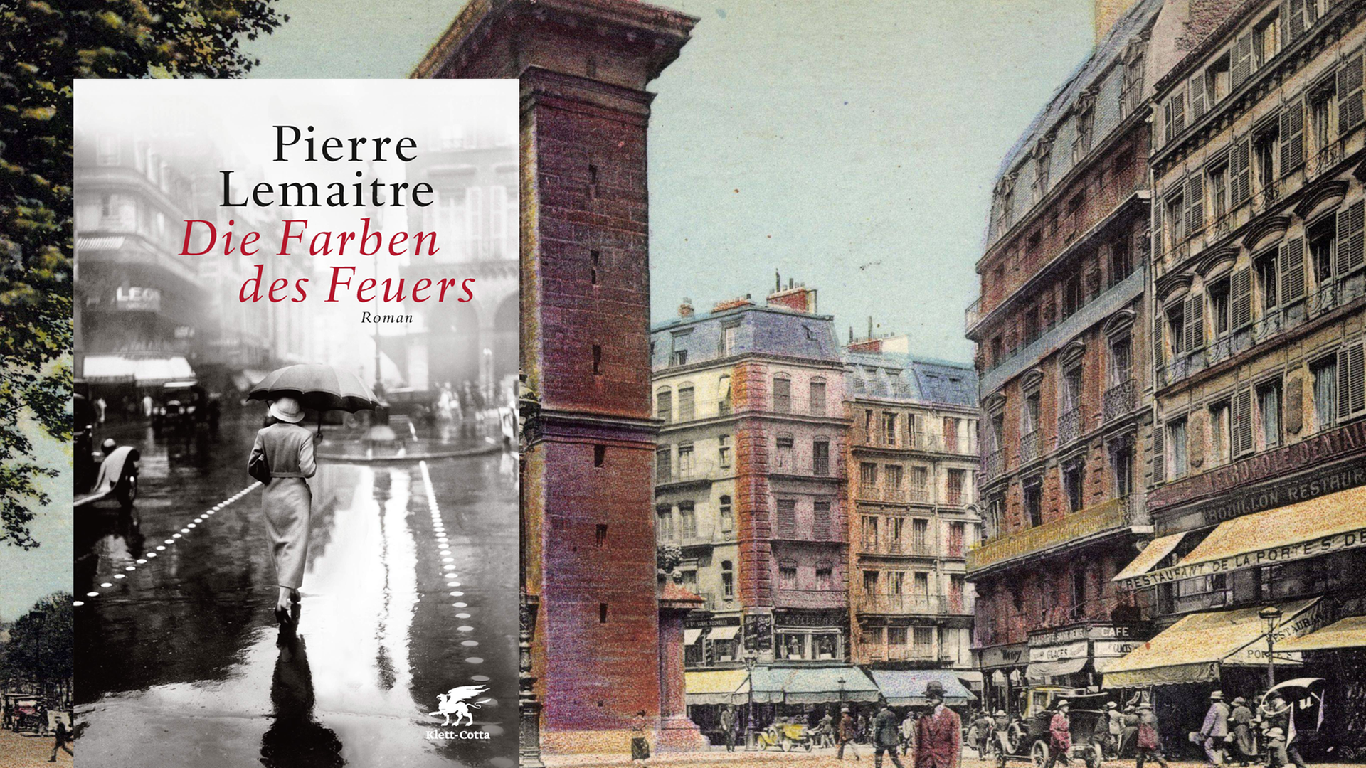 Im Vordergrund ist das Cover des Buches "Die Farbe des Feuers". Im Hintergrund eine Straßenszene aus dem Paris der 30er-Jahre.