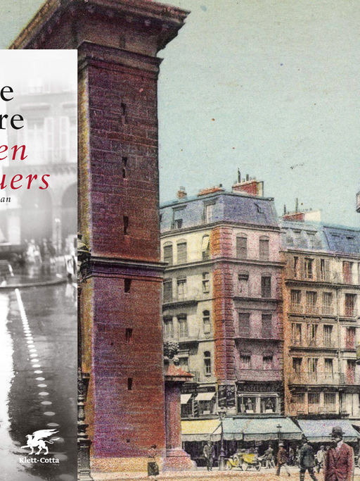 Im Vordergrund ist das Cover des Buches "Die Farbe des Feuers". Im Hintergrund eine Straßenszene aus dem Paris der 30er-Jahre.