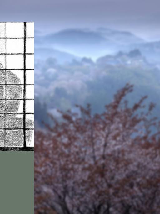 Buchcover Osamu Dazai: "Alte Freunde" / Im Hintergrund eine japanische Berglandschaft