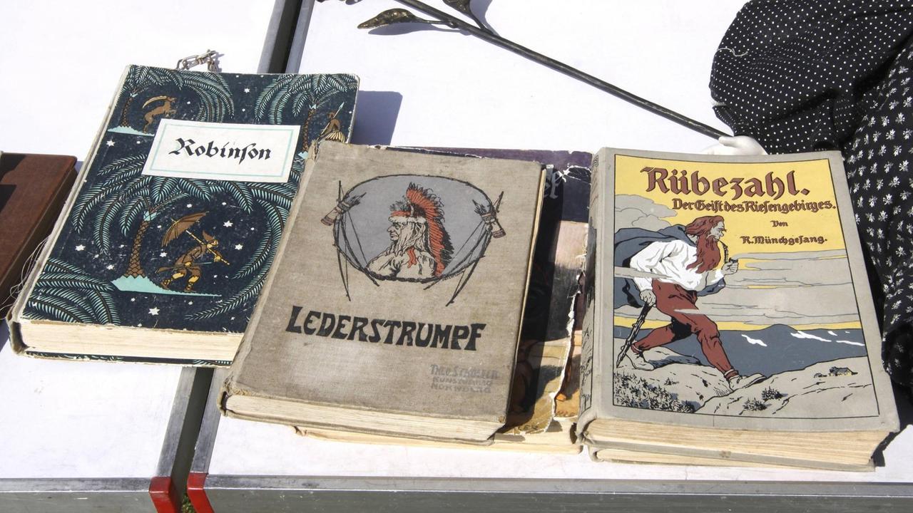 Aufnahme von alten Exemplaren der Bücher "Robinson", "Lederstrumpf" und "Rübezahl". Aufnahme von alten Exemplaren der Bücher "Robinson", "Lederstrumpf" und "Rübezahl".