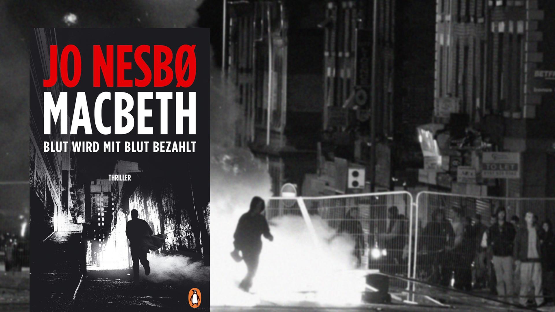Buchcover "Macbeth" von Jo Nesbø, im Hintergrund: Riots in Liverpool