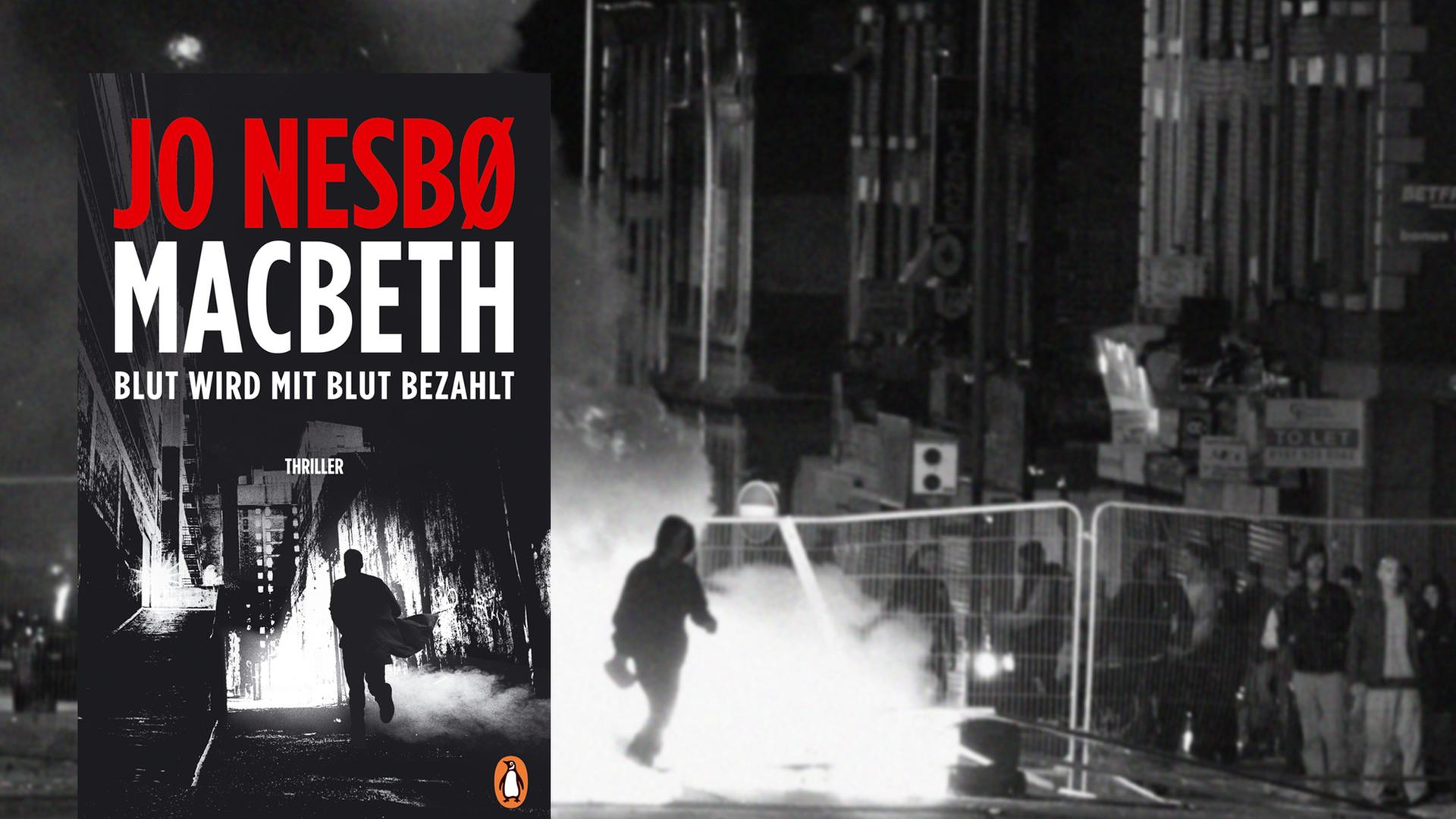 Buchcover "Macbeth" von Jo Nesbø, im Hintergrund: Riots in Liverpool Buchcover "Macbeth" von Jo Nesbø, im Hintergrund: Riots in Liverpool