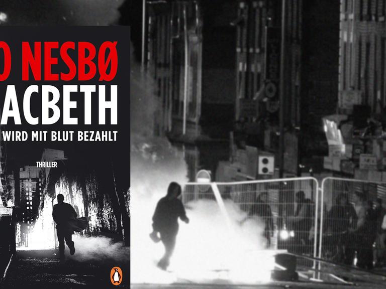 Buchcover "Macbeth" von Jo Nesbø, im Hintergrund: Riots in Liverpool