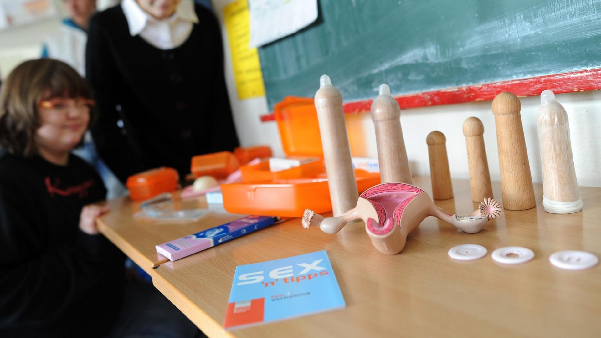 Schüler stehen in einer Schule in Hannover im Sexualkundeunterricht neben Anschauungsmaterial zur Unterrichtseinheit "Sozialkompetenz und Sexualerziehung".
