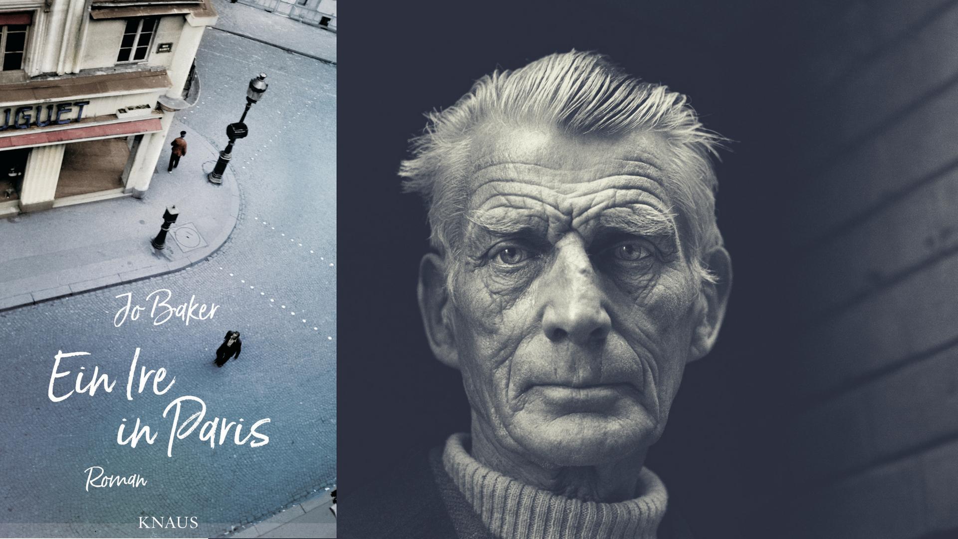Buchcover: Jo Baker: "Ein Ire in Paris" und ein Foto von dem Schriftsteller Samuel Beckett im Jahr 1976 Buchcover: Jo Baker: "Ein Ire in Paris" und ein Foto von dem Schriftsteller Samuel Beckett im Jahr 1976