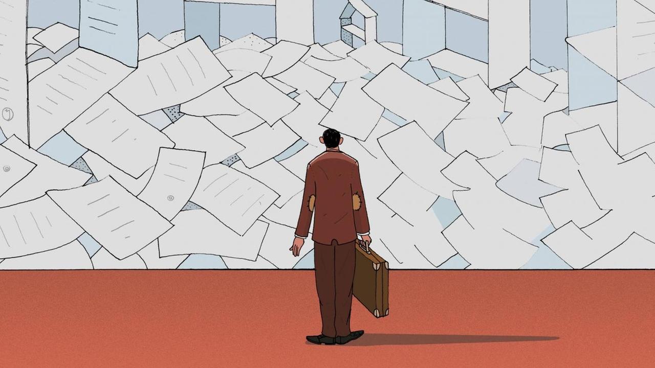 Eine Illustration zeigt einen Mann mit Aktentasche und Ärmelschonern vor einem stapelweise Papier aus denen zum Teil Häuser gebaut sind. Eine Illustration zeigt einen Mann mit Aktentasche und Ärmelschonern vor einem stapelweise Papier aus denen zum Teil Häuser gebaut sind.