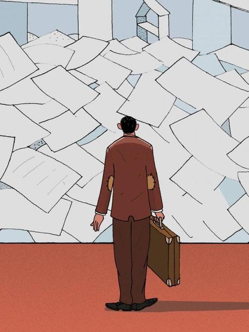 Eine Illustration zeigt einen Mann mit Aktentasche und Ärmelschonern vor einem stapelweise Papier aus denen zum Teil Häuser gebaut sind.
