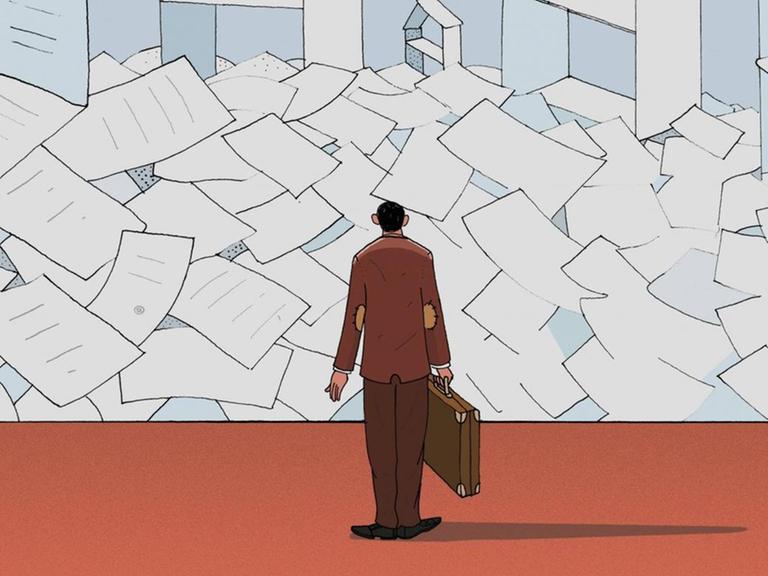 Eine Illustration zeigt einen Mann mit Aktentasche und Ärmelschonern vor einem stapelweise Papier aus denen zum Teil Häuser gebaut sind.