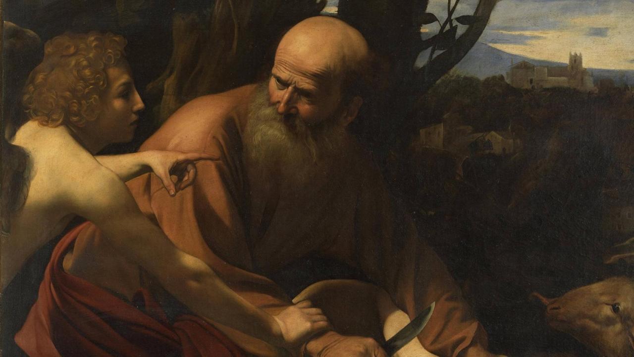 Das Ölgemälde Die Opferung Isaaks von Michelangelo Merisi alias Caravaggio (1571-1610) - Der Bildausschnitt zeigt die beinah unwillige Miene Abrahams, als der Engel ihn von der Opferung abhält - und wie der Engel Abrahams Hand festhalten muss 