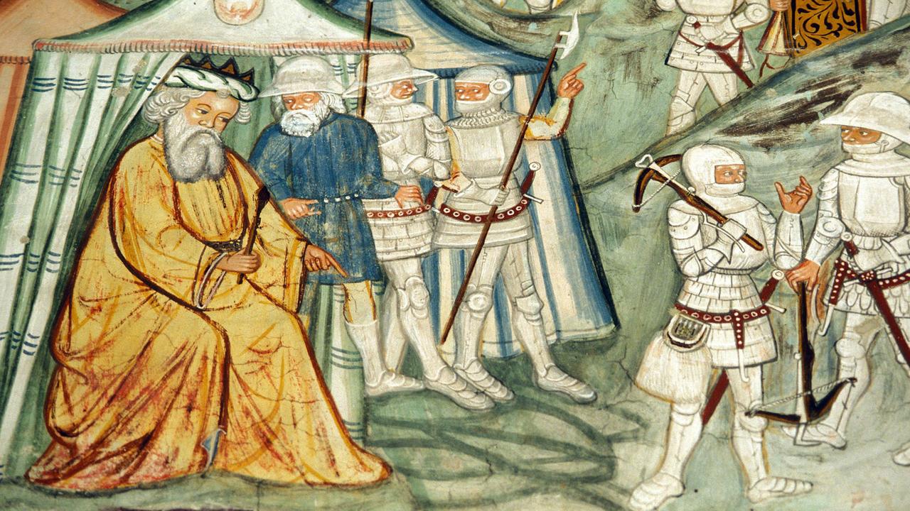 Belagerung von Köln durch die Hunnen - Fresko in der St. Stephan Kirche in Morter in Südtirol. Belagerung von Köln durch die Hunnen - Fresko in der St. Stephan Kirche in Morter in Südtirol.