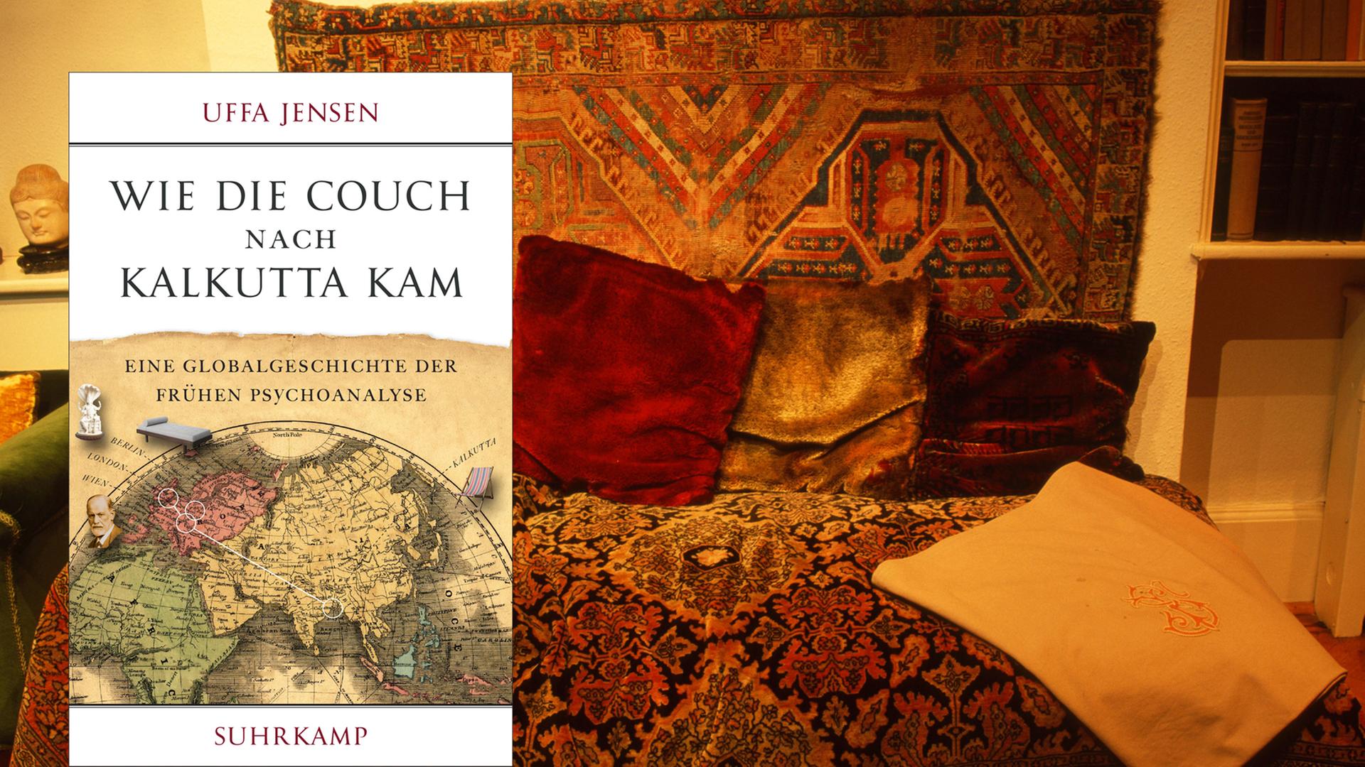Cover: "Wie die Couch nach Kalkutta kam: Eine Globalgeschichte der frühen Psychoanalyse" und Couch im Siegmund-Freud-Museum London Cover: "Wie die Couch nach Kalkutta kam: Eine Globalgeschichte der frühen Psychoanalyse" und Couch im Siegmund-Freud-Museum London