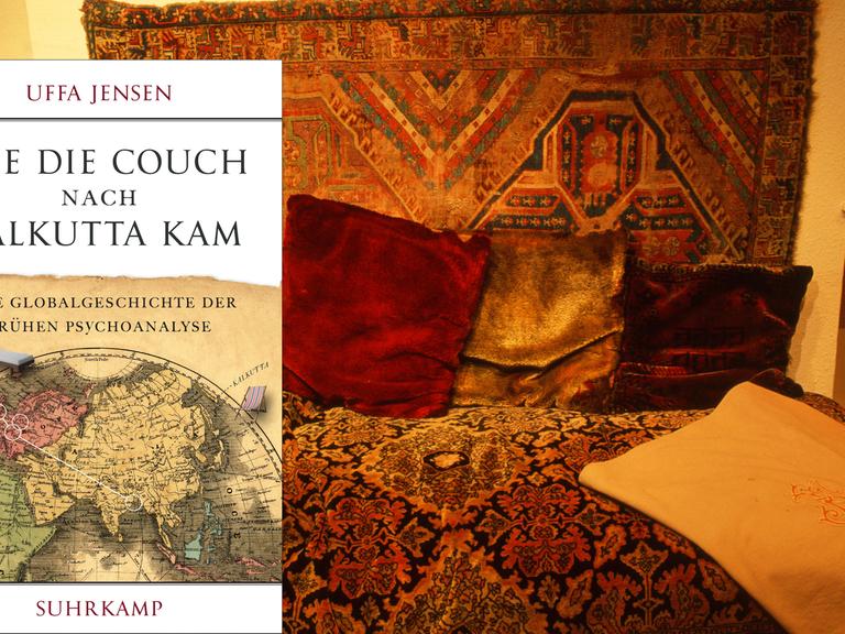 Cover: "Wie die Couch nach Kalkutta kam: Eine Globalgeschichte der frühen Psychoanalyse" und Couch im Siegmund-Freud-Museum London