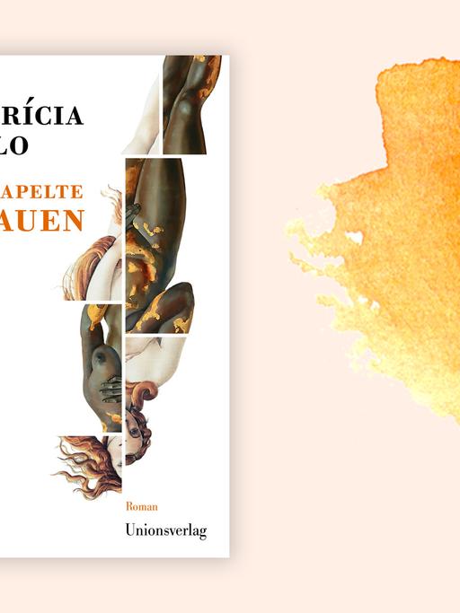 Covercollage von Patrícia Melo "Gestapelte Frauen" vor orangenem Aquarell-Hintergrund