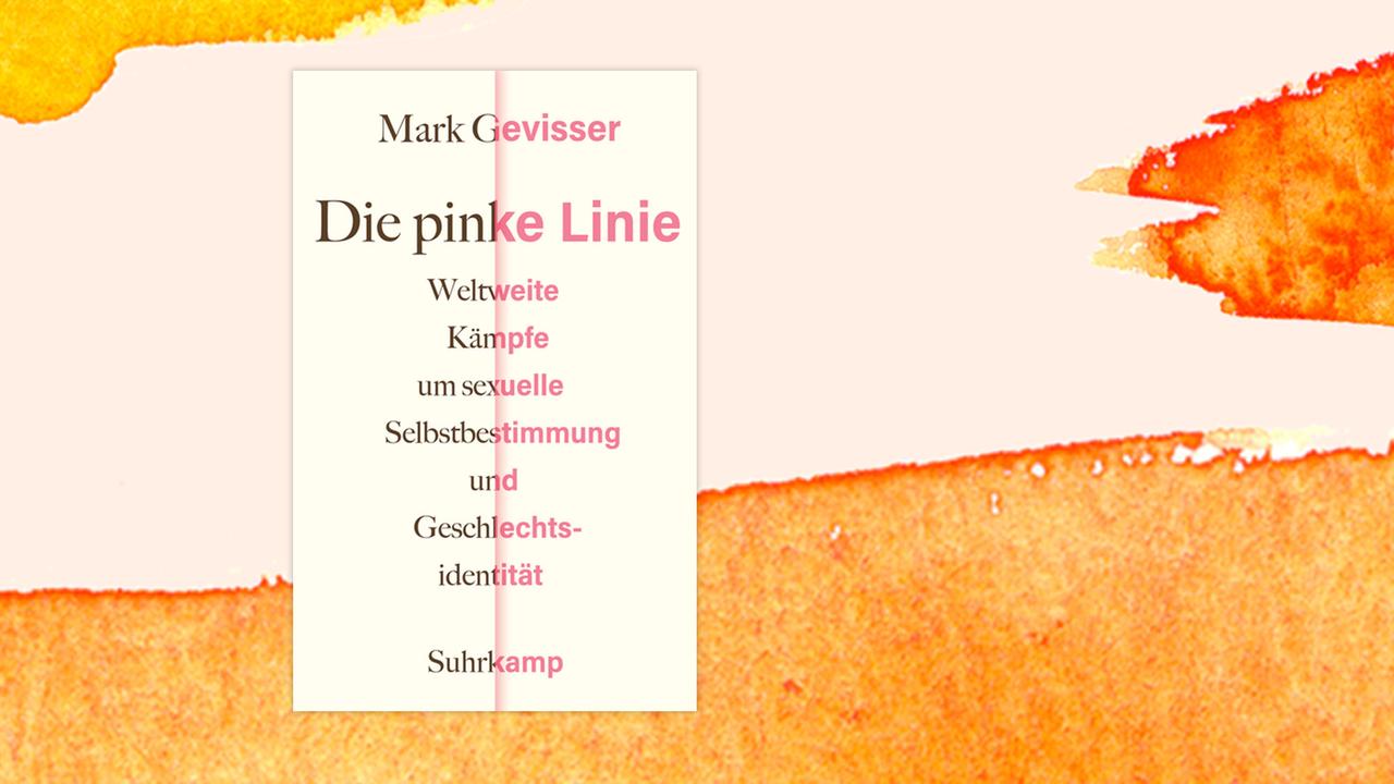 Das Cover von Mark Gevissers Buch "Die pinke Linie" auf orange-weißem Hintergrund.