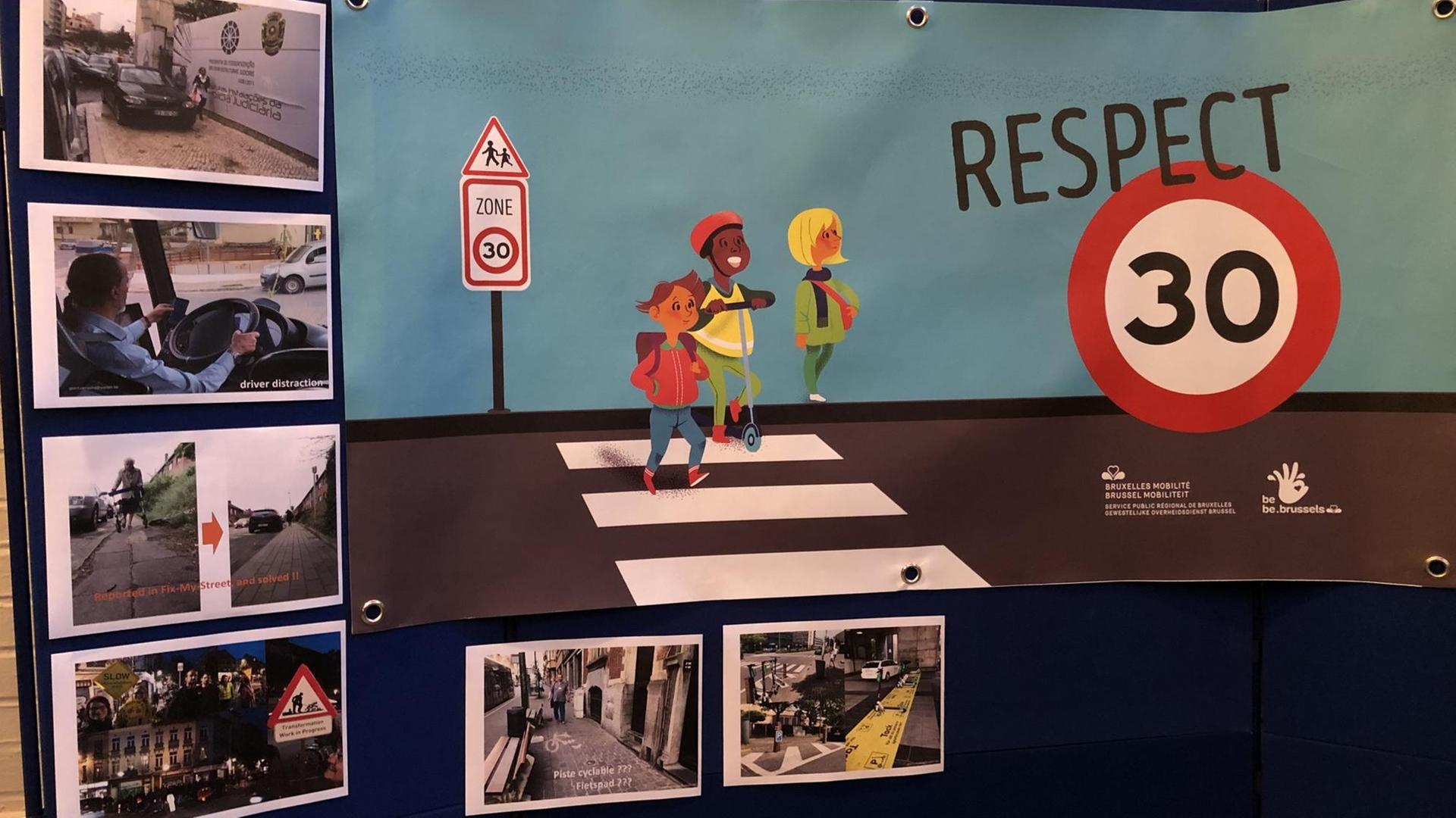 Eine Plakatwand mit der Aufschrift "Respekt" und Kindern, die einen Zebrastreifen überqueren. Das Brüsseler Mobilitätsministerium setzt vor allem auf Kommunikation. Eine Plakatwand mit der Aufschrift "Respekt" und Kindern, die einen Zebrastreifen überqueren. Das Brüsseler Mobilitätsministerium setzt vor allem auf Kommunikation.