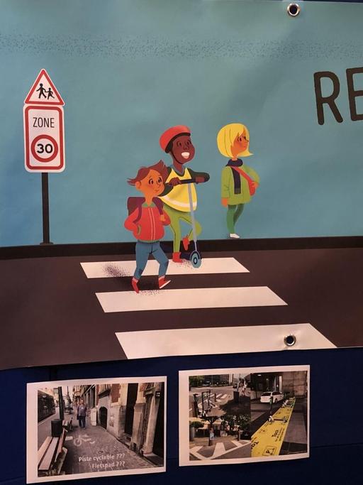 Eine Plakatwand mit der Aufschrift "Respekt" und Kindern, die einen Zebrastreifen überqueren. Das Brüsseler Mobilitätsministerium setzt vor allem auf Kommunikation.