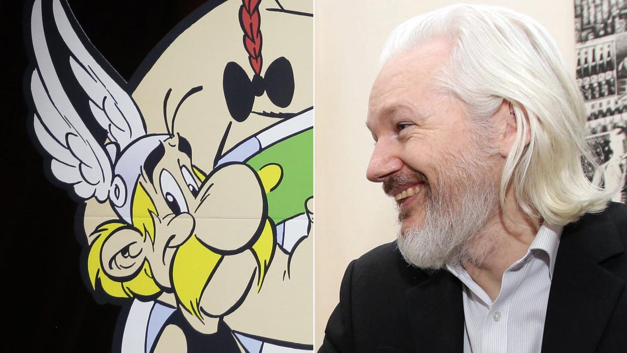 Der Comic-Held Asterix und der Wikileaks-Gründer Julian Assange nebeneinander geschnitten Der Comic-Held Asterix und der Wikileaks-Gründer Julian Assange nebeneinander geschnitten