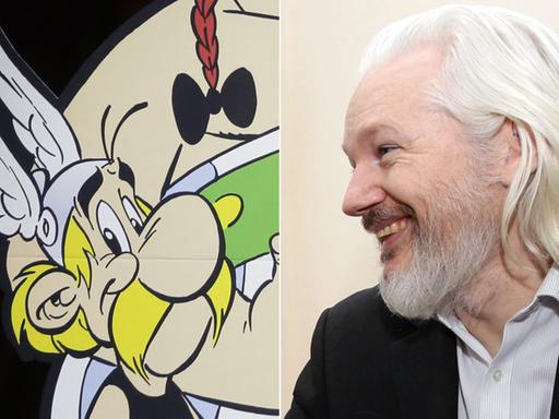 Der Comic-Held Asterix und der Wikileaks-Gründer Julian Assange nebeneinander geschnitten