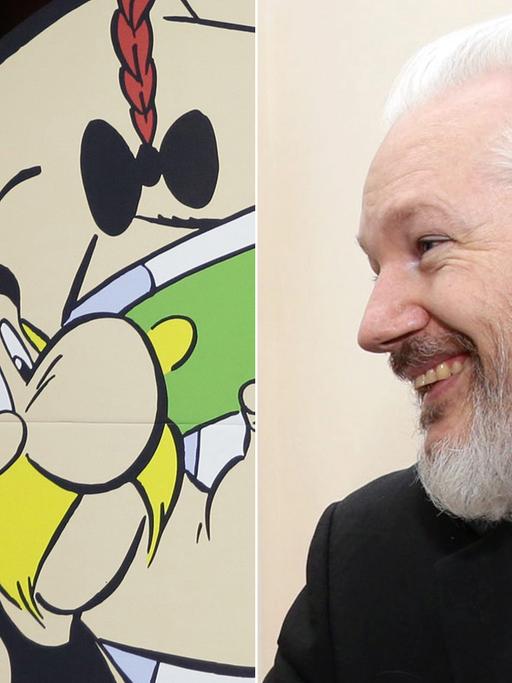 Der Comic-Held Asterix und der Wikileaks-Gründer Julian Assange nebeneinander geschnitten
