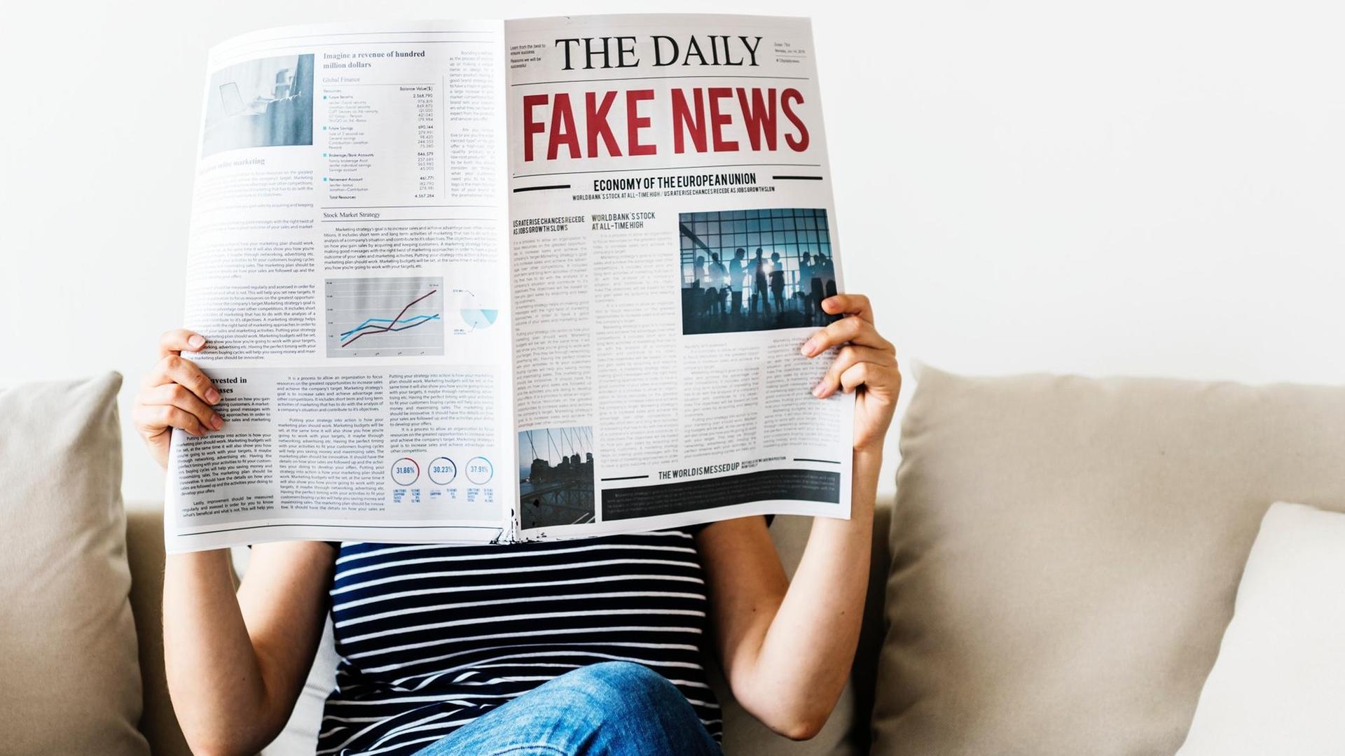 Eine Frau sitzt auf einem Sofa und liest die Zeitung "The Daily Fake News". Eine Frau sitzt auf einem Sofa und liest die Zeitung "The Daily Fake News".