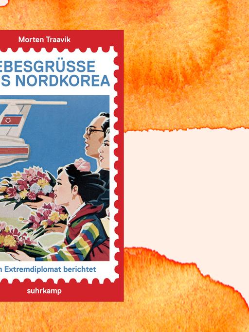 Das Cover des Buches Liebesgrüße aus Nordkorea von Morten Traavik auf einem grafischen Hintergrund.