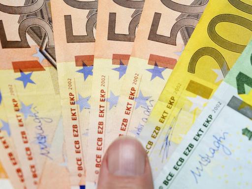 Eine Hand hält Euro-Geldscheinwie einen Fächer. | Verwendung weltweit