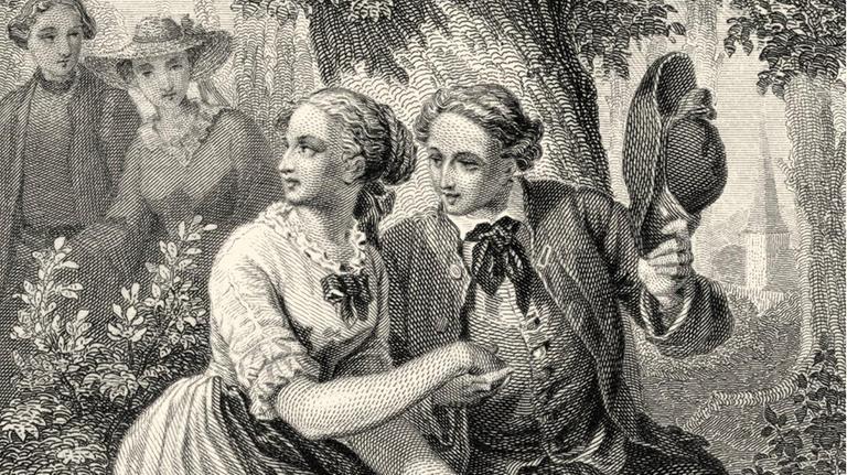 Historischer Stahlstich von Ferdinand Rothbart, 1823 - 1899, ein deutscher Illustrator, Friederike Elisabeth Brion und Goethe als junges Paar