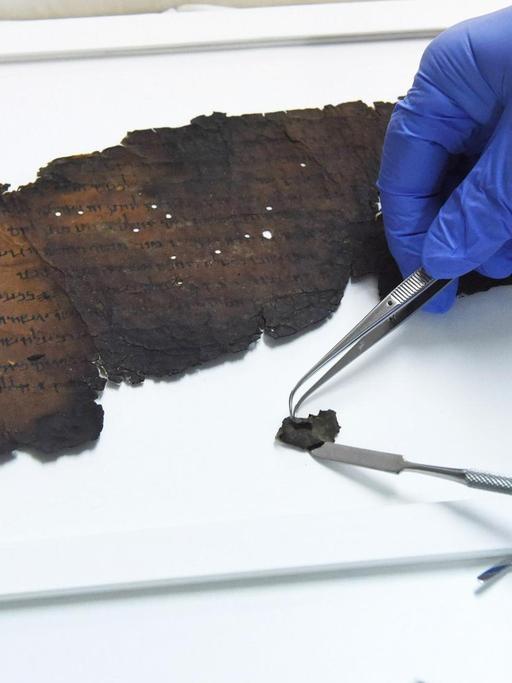 Eine Wissenschaftlerin untersucht Fragmente der sogenannten Schriftrolle von Qumran im Sommer 2018 in Israel.