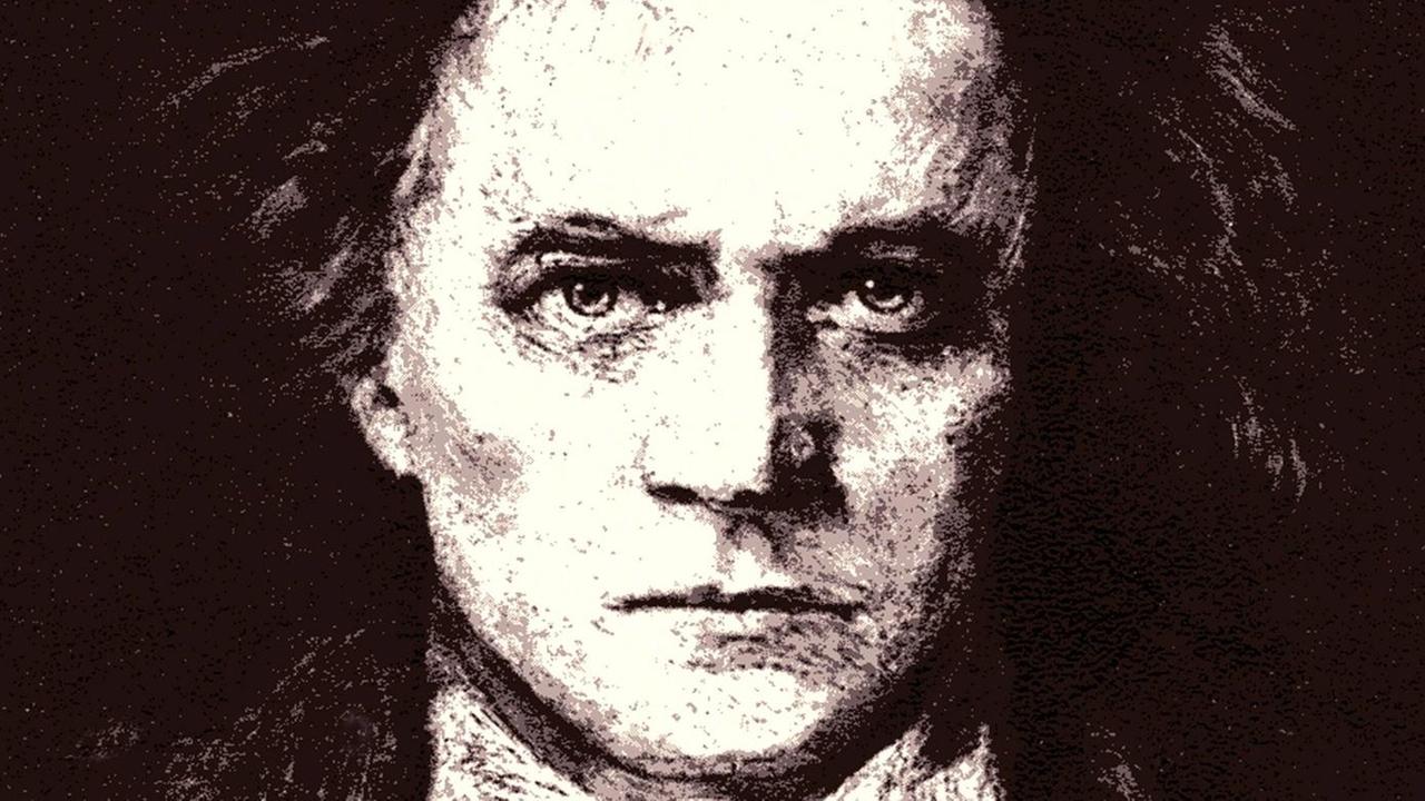Fotographie einer Postkarte um 1920, die einen idealisierten Beethoven mit wilden Augen zeigt. Fotographie einer Postkarte um 1920, die einen idealisierten Beethoven mit wilden Augen zeigt.