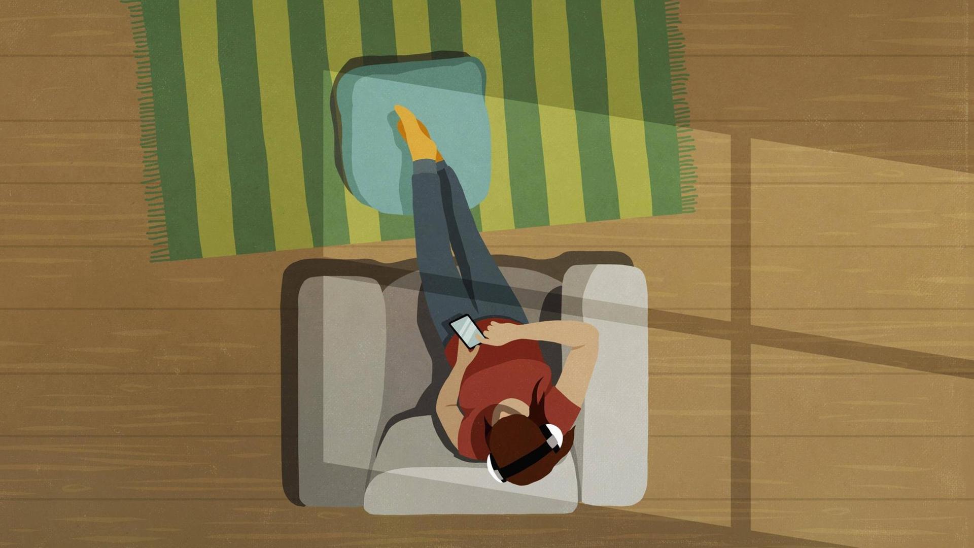 Illustration: Vogelperspektive auf eine Person, die auf einem Sofa liegt und Kopfhörer aufhat. Illustration: Vogelperspektive auf eine Person, die auf einem Sofa liegt und Kopfhörer aufhat.