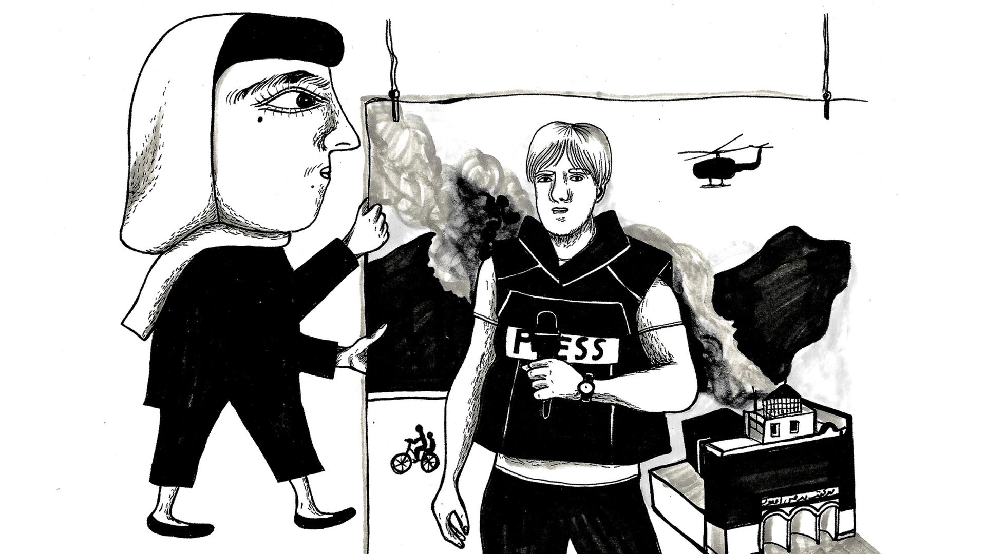 Eine Illustration zur Folge 4 - Afghanistan aus dem Sammelband »Unbias The News – Warum Journalismus Vielfalt braucht« von Hostwriter, das im CORRECTIV-Verlag erschienen ist. Eine Illustration zur Folge 4 - Afghanistan aus dem Sammelband »Unbias The News – Warum Journalismus Vielfalt braucht« von Hostwriter, das im CORRECTIV-Verlag erschienen ist.