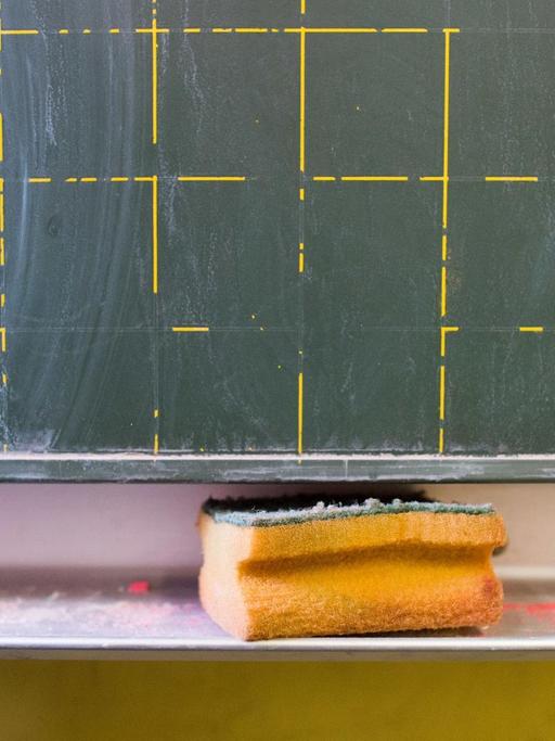Ein Schwamm liegt in einer Grundschule in der Ablage einer Kreidetafel, aufgenommen 2019 in Möckern in Sachsen-Anhalt.
