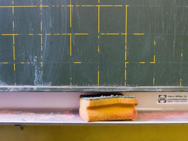 Ein Schwamm liegt in einer Grundschule in der Ablage einer Kreidetafel, aufgenommen 2019 in Möckern in Sachsen-Anhalt.