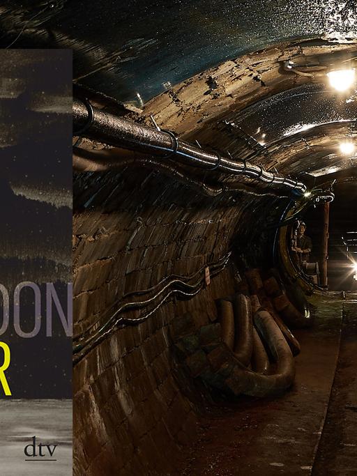 Zu sehen ist das Buchcover vor dem Bild eines Schachts in einer Kohlen-Mine, in dem drei Grubenlampen leuchten.