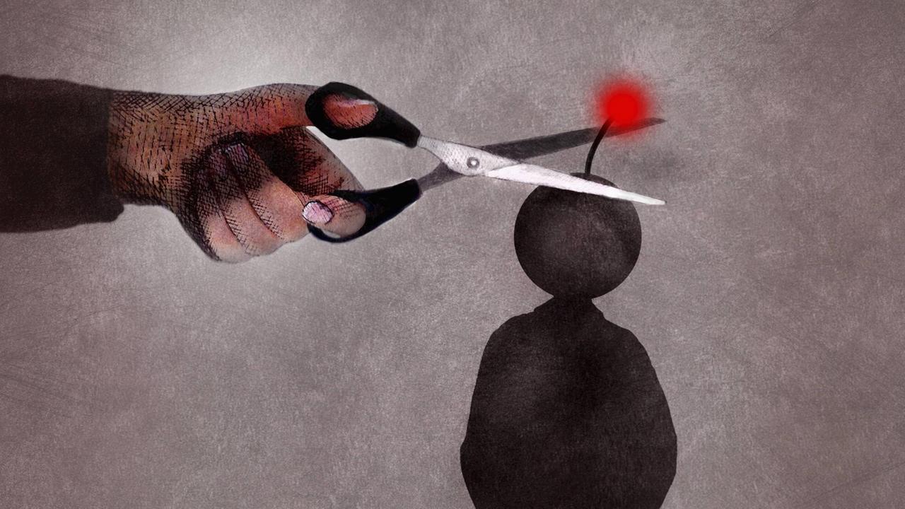 Illustration eines Menschen dessen symbolisches Lebenslicht von einer ins Bild kommenden Hand abgeschnitten wird. Illustration eines Menschen dessen symbolisches Lebenslicht von einer ins Bild kommenden Hand abgeschnitten wird.