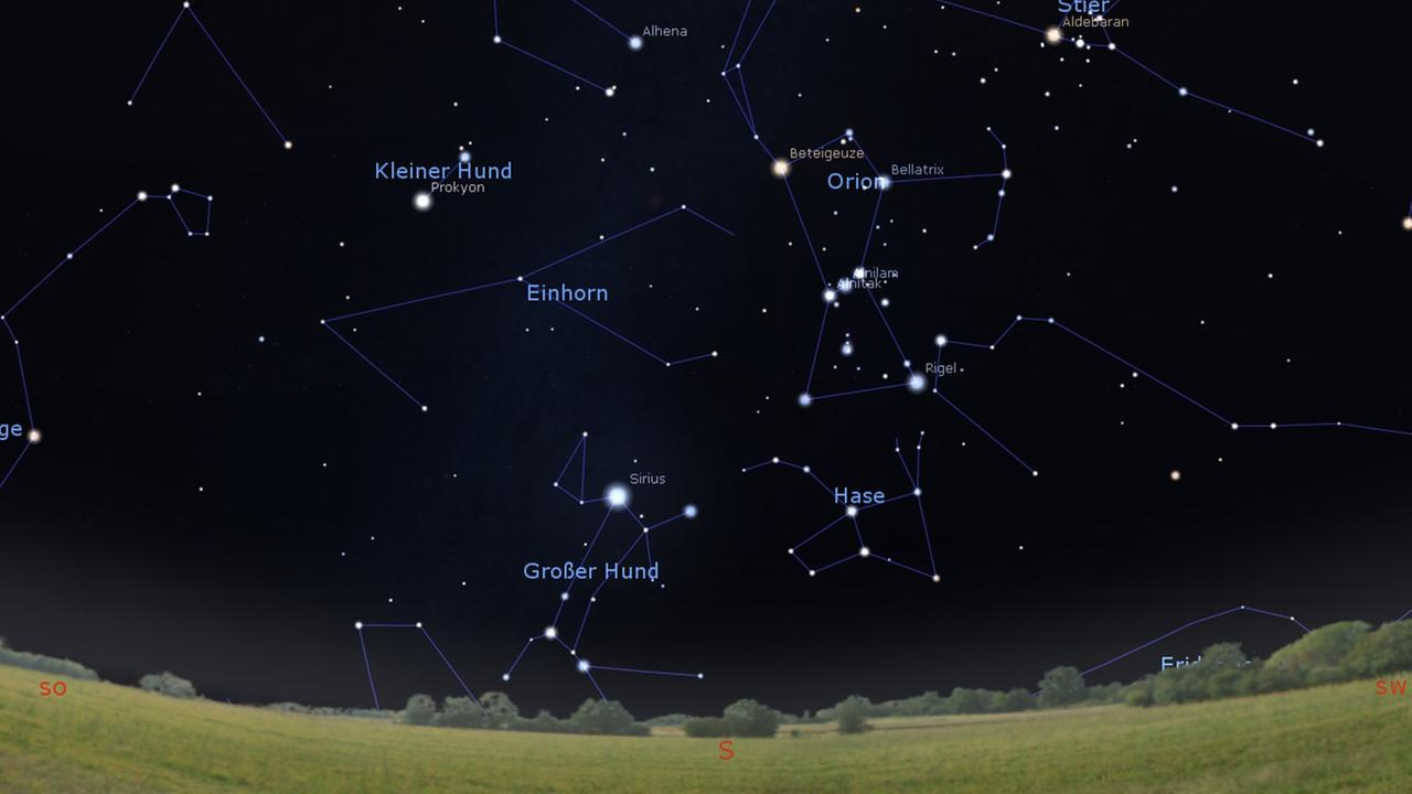 Grafik mit dem Sternbild Einhorn, es befindet sich links von Orion und oberhalb des Großen Hundes