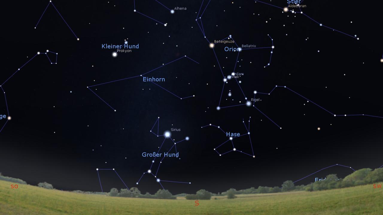 Grafik mit dem Sternbild Einhorn, es befindet sich links von Orion und oberhalb des Großen Hundes Grafik mit dem Sternbild Einhorn, es befindet sich links von Orion und oberhalb des Großen Hundes