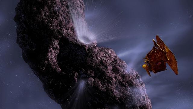 Darstellung auf einer Grafik: Ein Raumfahrzeug rast auf einen Kometen zu und nimmt ihn unter Beschuss - mit einer Art Kanonenkugel, die ein riesiges Loch in den Schweifstern schlägt.