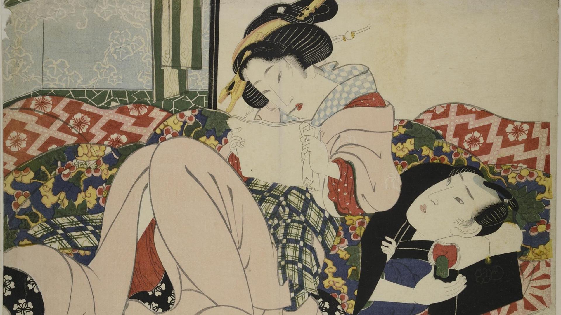 Farbholzschnitt "Liebespaar" von Keisai Eisen. Das Bild ist in der Ausstellung "Hokusai x Manga" zu sehen. Farbholzschnitt "Liebespaar" von Keisai Eisen. Das Bild ist in der Ausstellung "Hokusai x Manga" zu sehen.